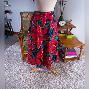Vintage 1940s Style Skirt Red Tropical Floral Wrap M L Pinup Resort 40s 80s